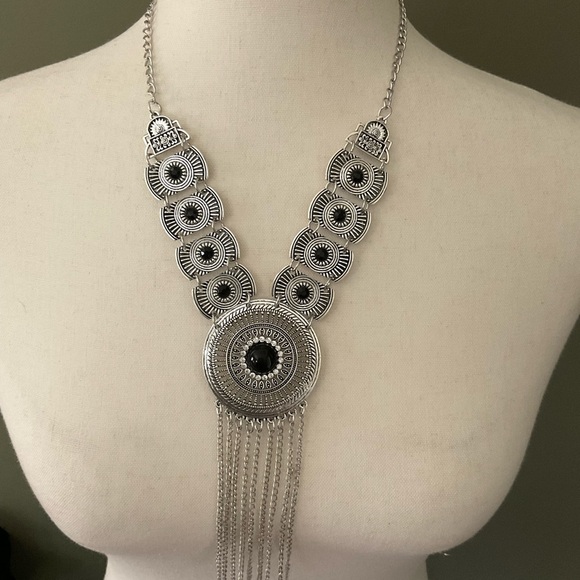 Boho Tribal Silver & Black Tassel Statement Necklace - Picture 6 of 9